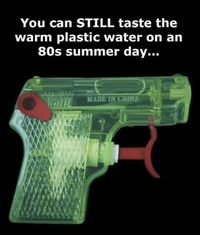 A bright green plastic squirt gun, a classic Gen X toy that brings back 80s summer memories.