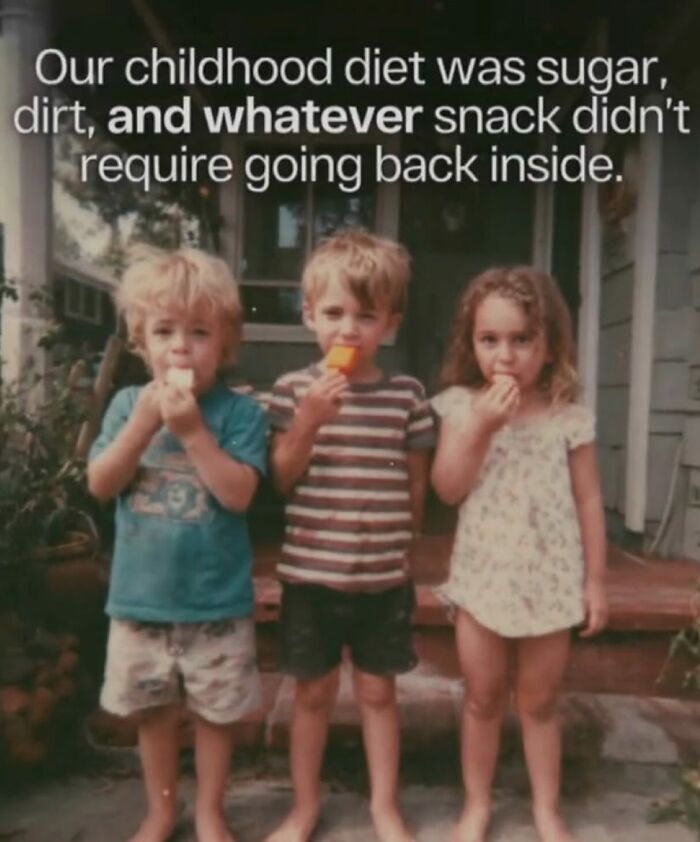 Three young Gen X kids eating snacks outdoors, a humorous meme about childhood diet and memories.