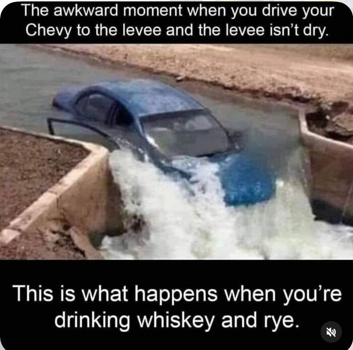 A blue car partially submerged in water, referencing a Gen X meme about driving a Chevy to the levee.