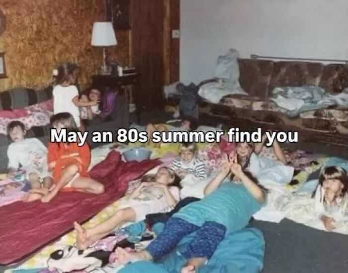 A group of Gen X kids enjoying an 80s summer sleepover on the floor, evoking childhood memories.