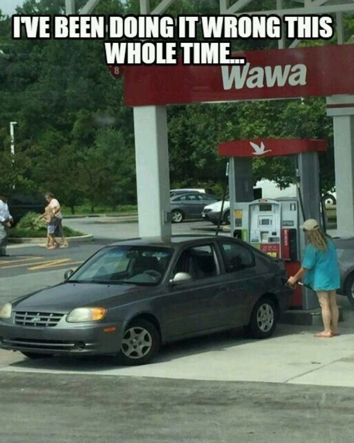 A Gen X meme showing someone humorously pumping gas the wrong way, unlocking forgotten memories.