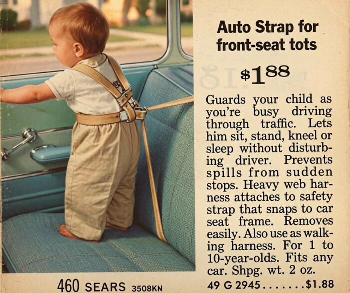 A vintage ad for a baby auto strap in a car, highlighting a Gen X childhood memory.
