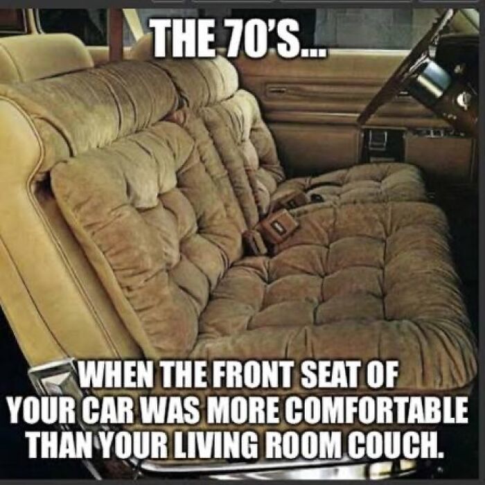 A fluffy, comfy front car seat from the 70s, representing Gen X memes and memories of comfort.