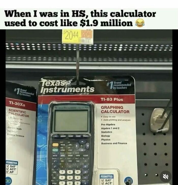A humorous Gen X meme showing a Texas Instruments TI-83 Plus graphing calculator with a price tag.