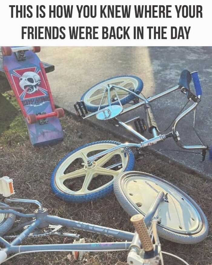A nostalgic Gen X meme with old bicycles and a skateboard on the grass, reminiscing about childhood memories.