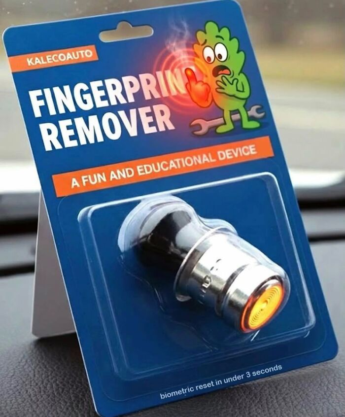 A satirical Gen X meme displaying a FINGERPRINT REMOVER, which is a car cigarette lighter, as a joke.