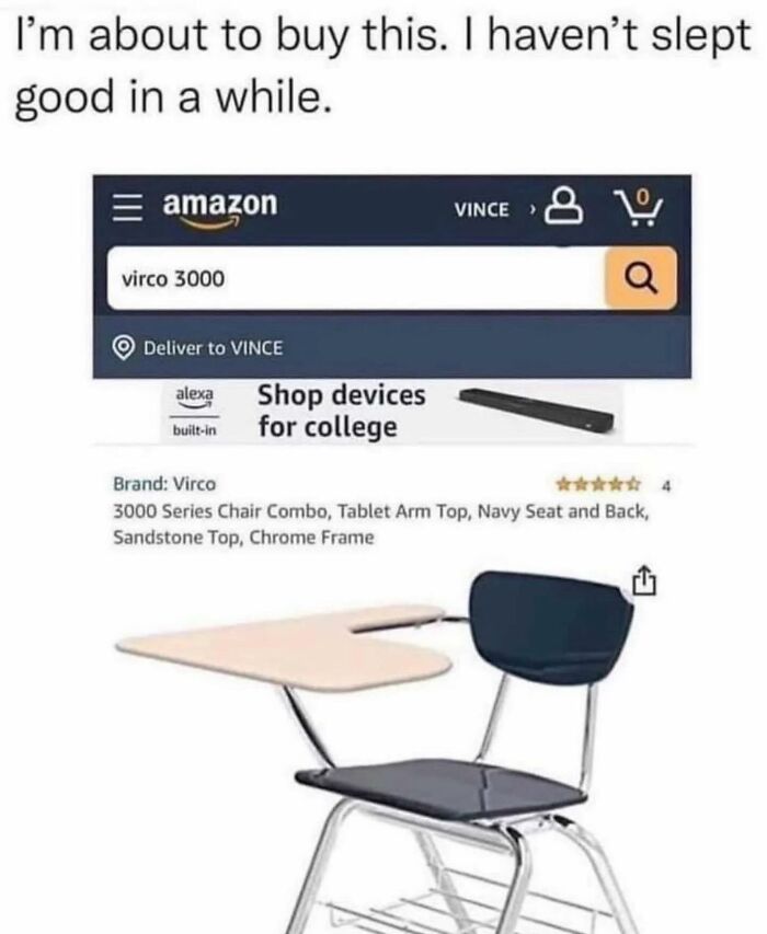 A Gen X meme shows an Amazon search for a Virco 3000 chair, evoking college memories.