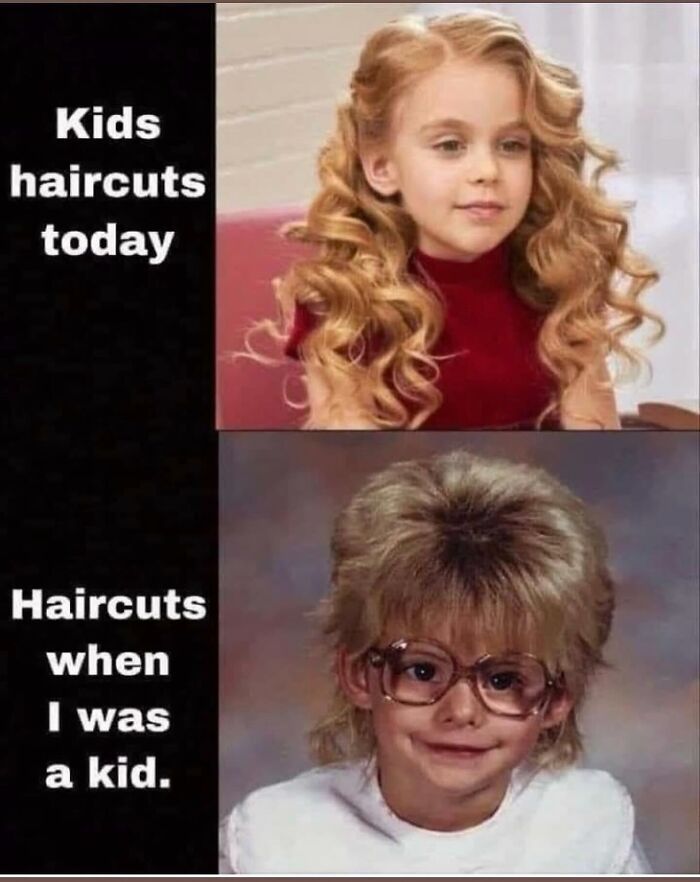 A split image meme shows a modern child with elaborate curls and a Gen X child with a dated bowl cut and glasses.