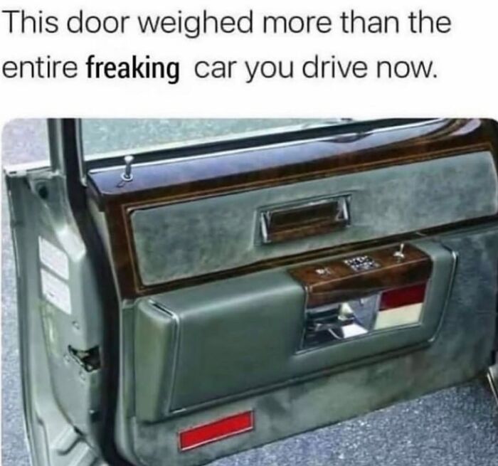 A Gen X meme showing a vintage heavy car door interior with wood paneling and power window controls.