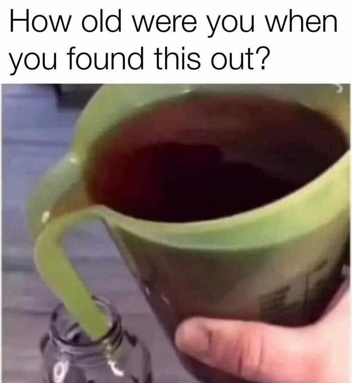 A green pitcher pouring liquid into a small bottle, with text asking How old were you. Gen X Memes.