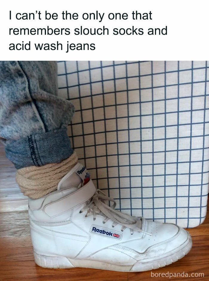 A Gen X meme showcasing a white Reebok high-top with slouch socks and acid wash jeans, unlocking memories.
