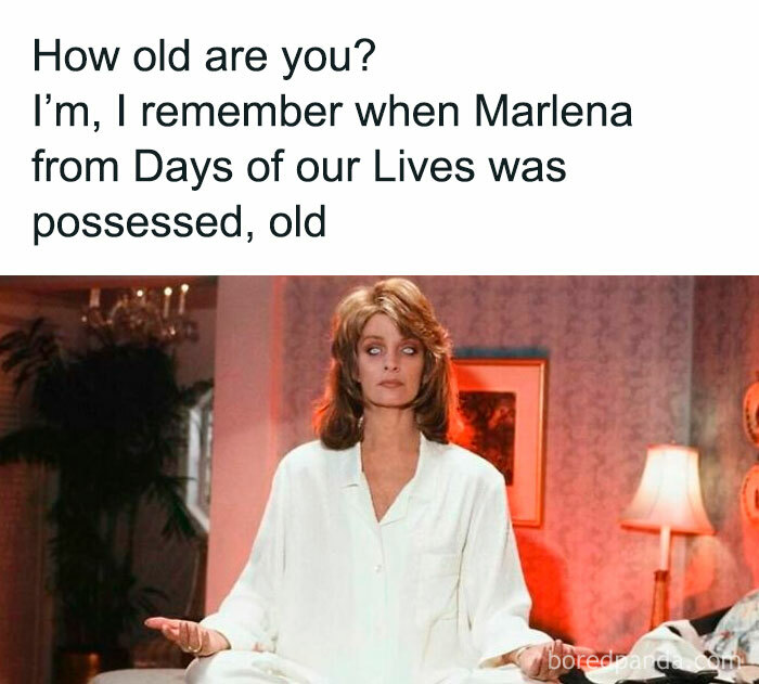 Gen X memes featuring a woman with white eyes, recalling the possessed Marlena from Days of our Lives.
