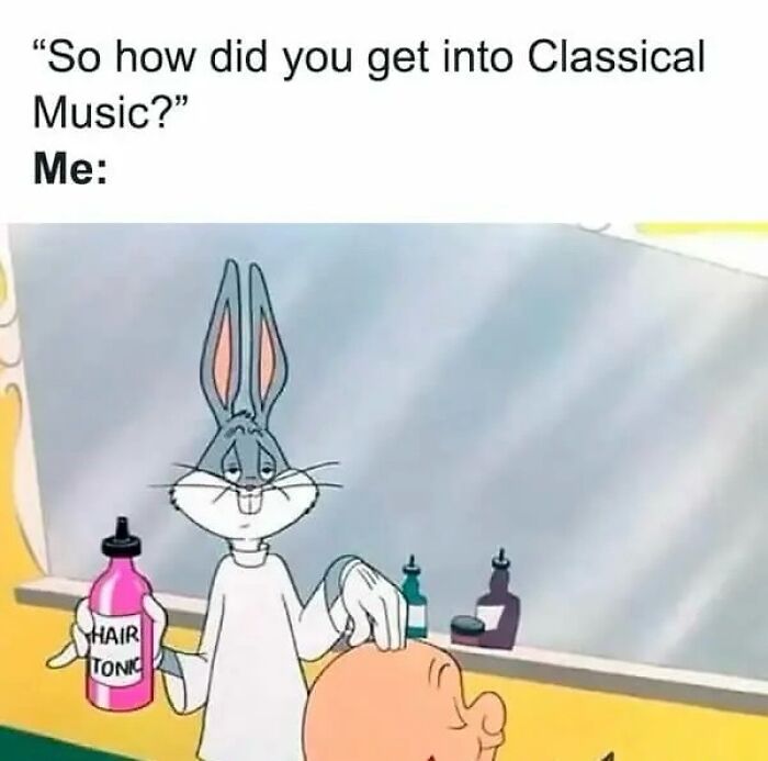 Bugs Bunny giving Elmer Fudd a head massage with hair tonic. A Gen X meme about how many discovered classical music.