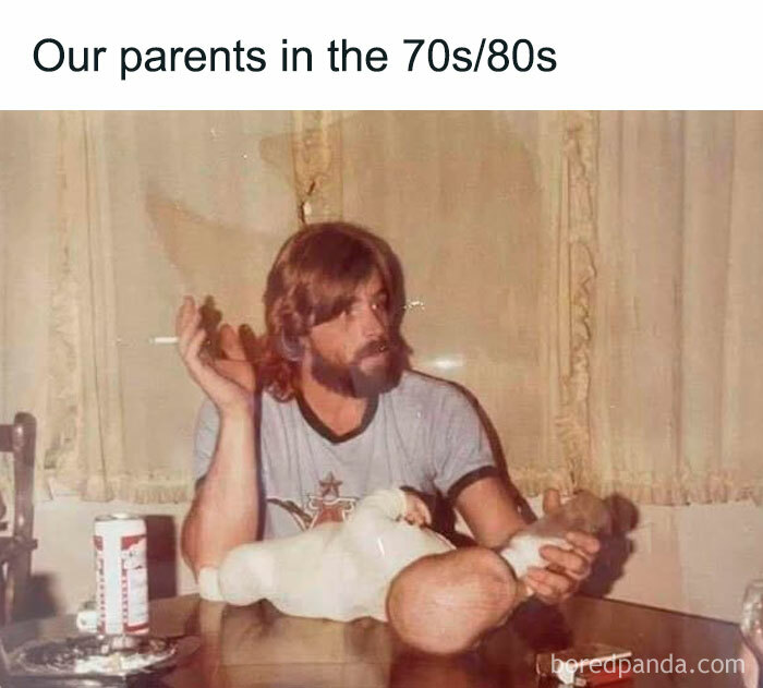 Gen X memes depicting a man smoking with a baby on the table, a memory of parents in the 70s/80s.