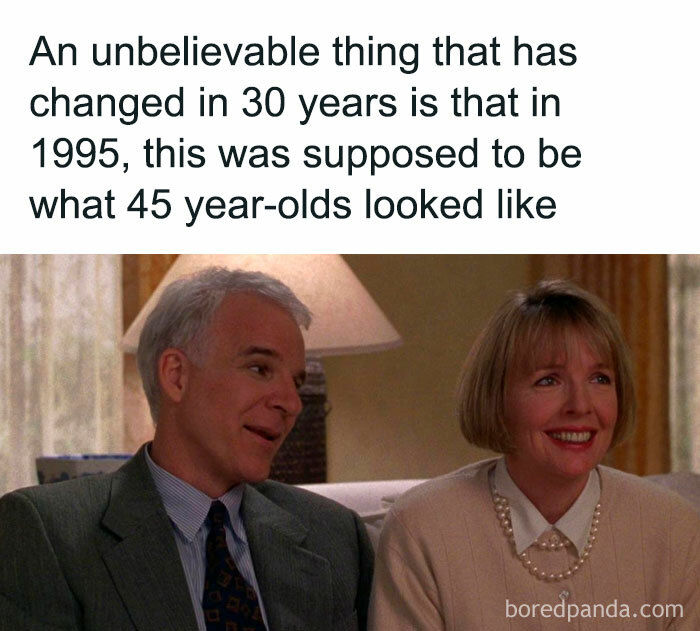 A Gen X meme featuring Steve Martin and Diane Keaton from a 90s film, questioning how Gen X viewed 45-year-olds.