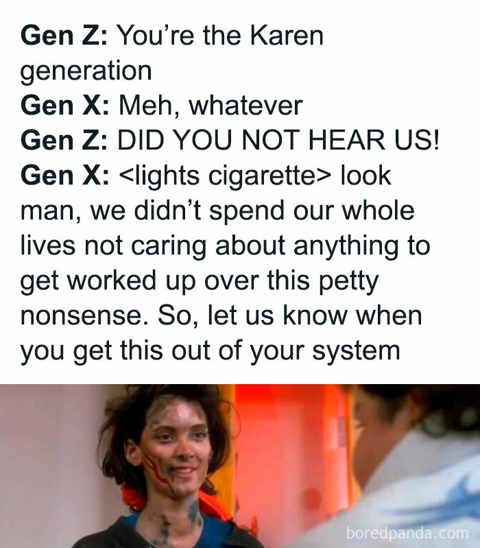 Winona Ryder from a Gen X meme about Gen Z calling them Karens.