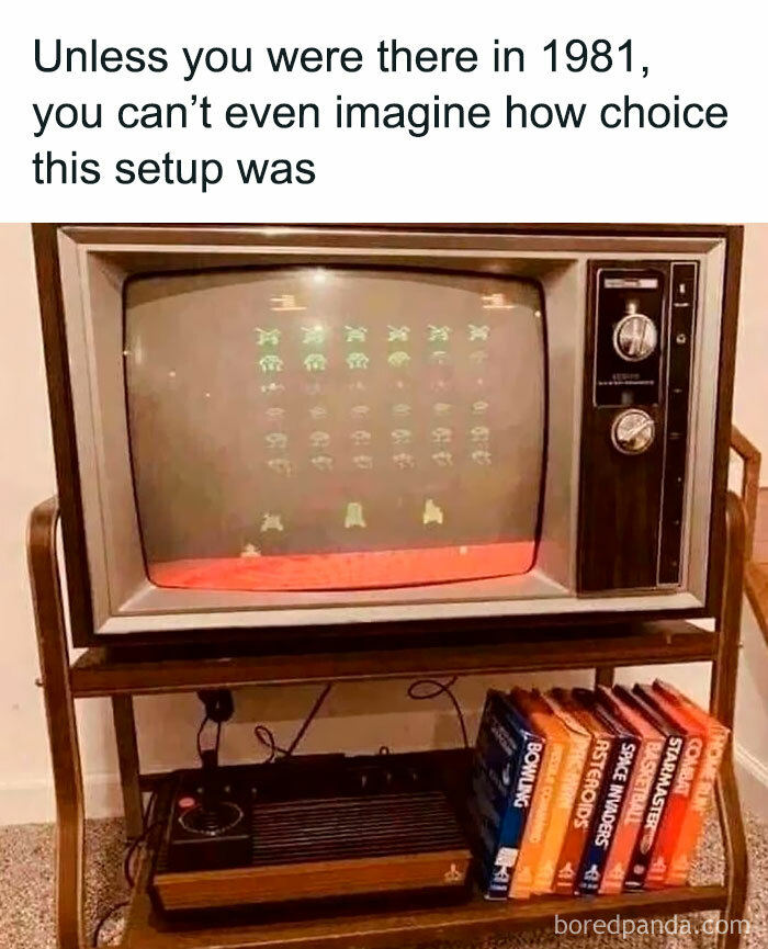 An old television displaying a Space Invaders game, a cherished Gen X setup from 1981.