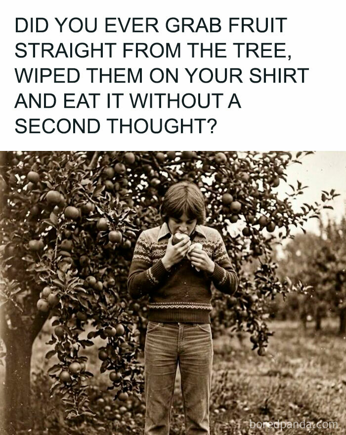 A vintage photo of a boy eating an apple directly from a tree, illustrating a Gen X childhood memory.
