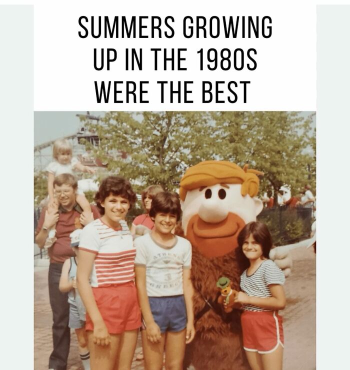 A group of kids with a character costume in the 1980s, a Gen X meme recalling summer memories.