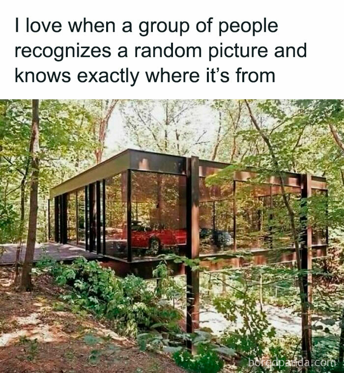Gen X memes of a modern glass house in the woods, a recognizable picture from a forgotten memory.