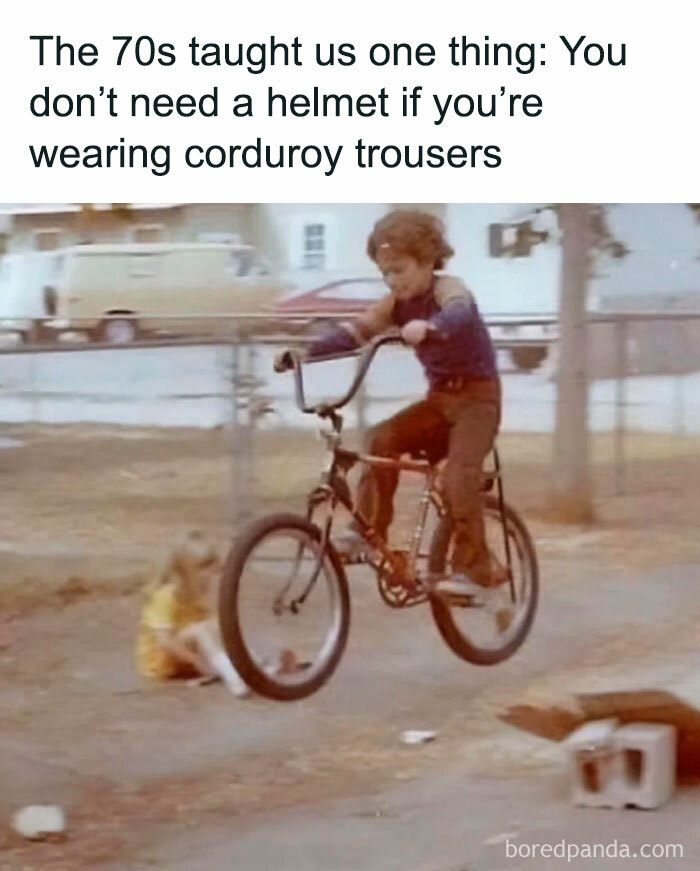 A child jumping a bike in corduroy pants, a 70s Gen X meme.