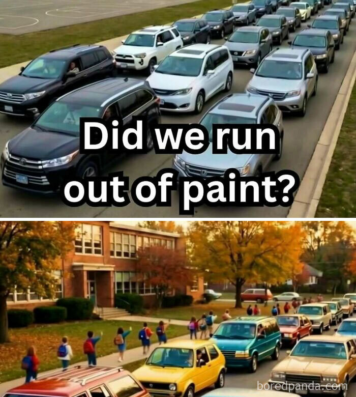 A split image of cars driving in a line and students walking to school. This Gen X meme unlocks memories.