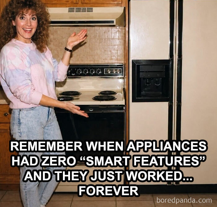 Gen X Memes with a woman pointing at old kitchen appliances, evoking memories of non-smart home tech.
