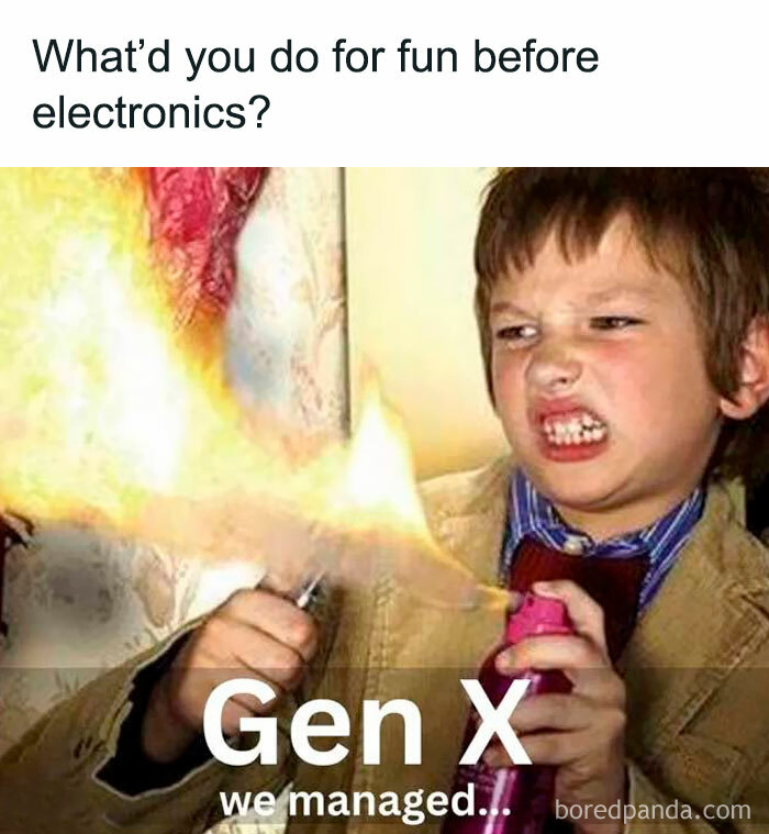 A young boy with a mischievous grin holds a lighter to a spray can creating a flame, a Gen X meme.