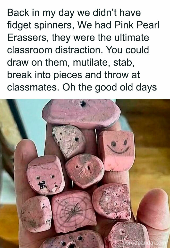 A hand holds several worn pink pearl erasers, a nostalgic Gen X meme unlocking memories.