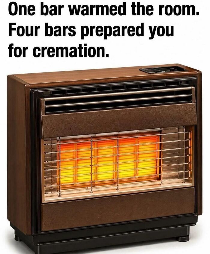 A Gen X meme showing a vintage portable gas heater with glowing bars, a relatable Gen X meme.
