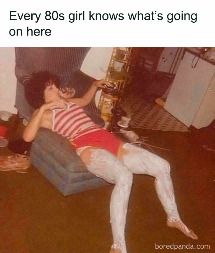 An 80s girl meme with shaving cream on her legs, a Gen X memory.