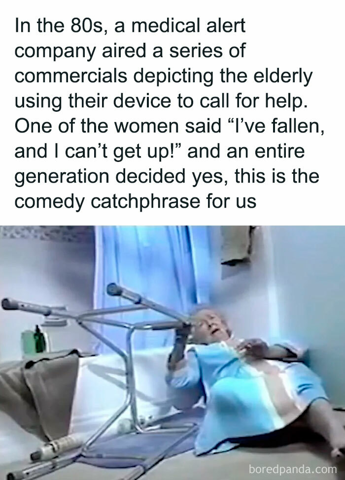 An elderly woman lying on the floor with a walker, a Gen X meme unlocking memories.