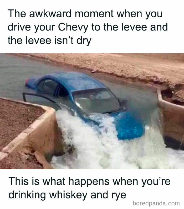 A blue car partially submerged in water, referencing a Gen X meme about driving a Chevy to the levee.