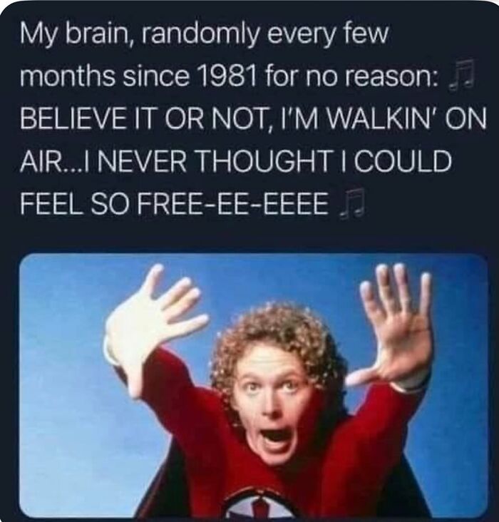 A Gen X meme showing The Greatest American Hero with text about the song 'Believe It or Not, I'm Walkin' on Air.'