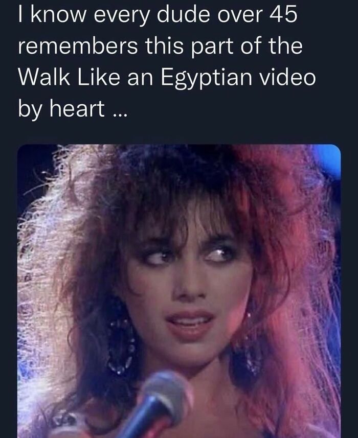Susanna Hoffs from The Bangles in a Gen X meme about Walk Like an Egyptian video.