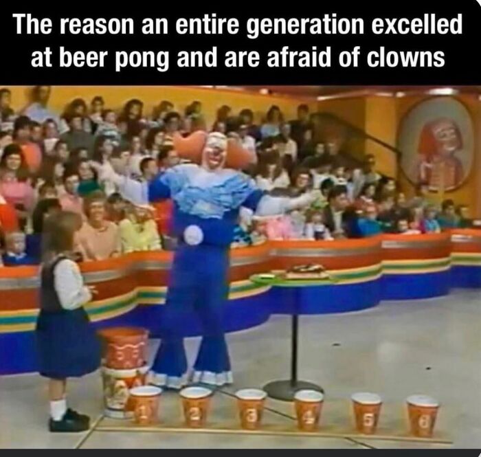 A clown on a game show with children playing beer pong in a Gen X meme.