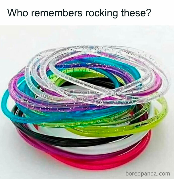 A pile of colorful, glittery jelly bracelets, nostalgic Gen X memes.