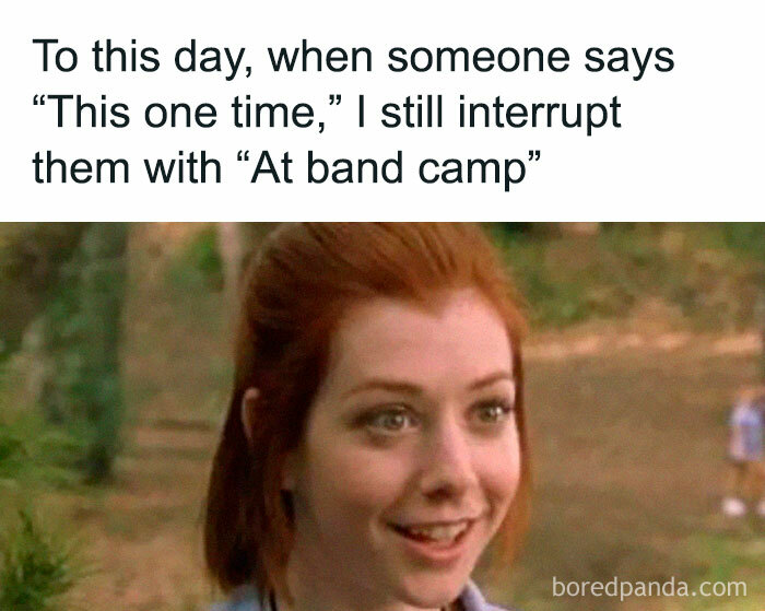 A Gen X meme featuring Alyson Hannigan with text about interrupting with 'At band camp,' unlocking memories.
