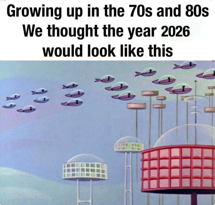 Cartoon flying cars and futuristic buildings in a Gen X meme about the 70s and 80s.