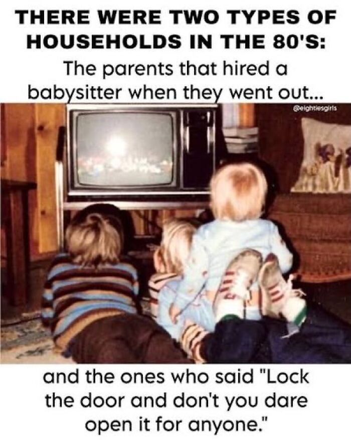 Children watching TV in a Gen X meme about 80s households and babysitters.