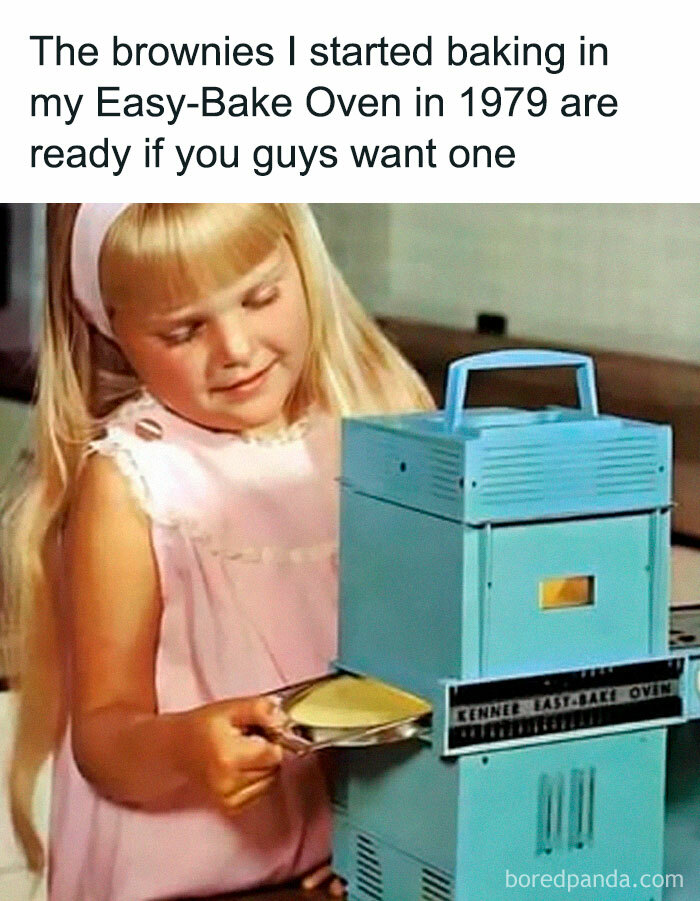 A young girl baking with a turquoise Easy-Bake Oven, a vintage Gen X memory.