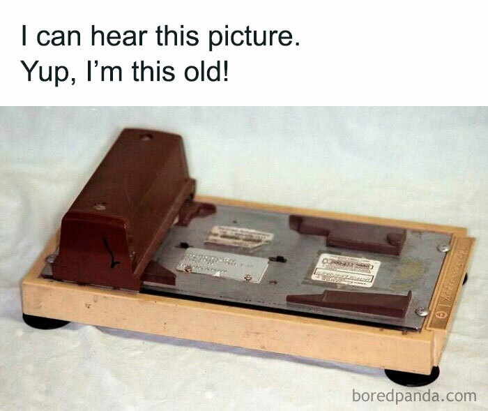 A Gen X meme showing a vintage credit card imprinter, evoking a nostalgic sound for older generations.