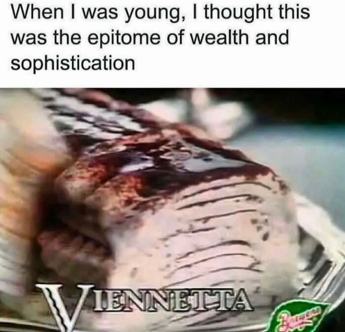 A Gen X meme showing a Viennetta ice cream cake, considered a sign of wealth and sophistication, a funny Gen X meme.