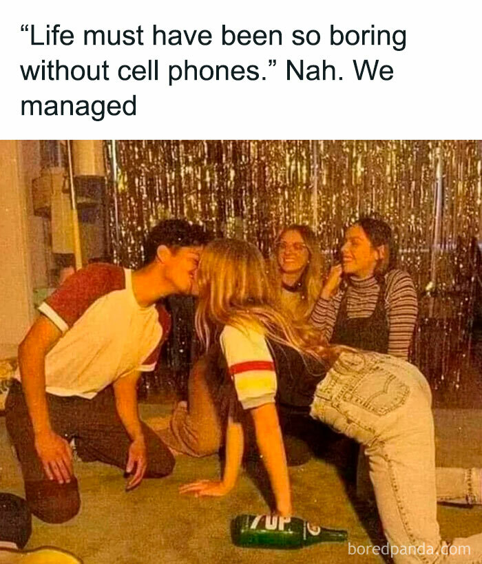 Young Gen X people playing spin the bottle at a party, showing how they managed without cell phones and creating memories.