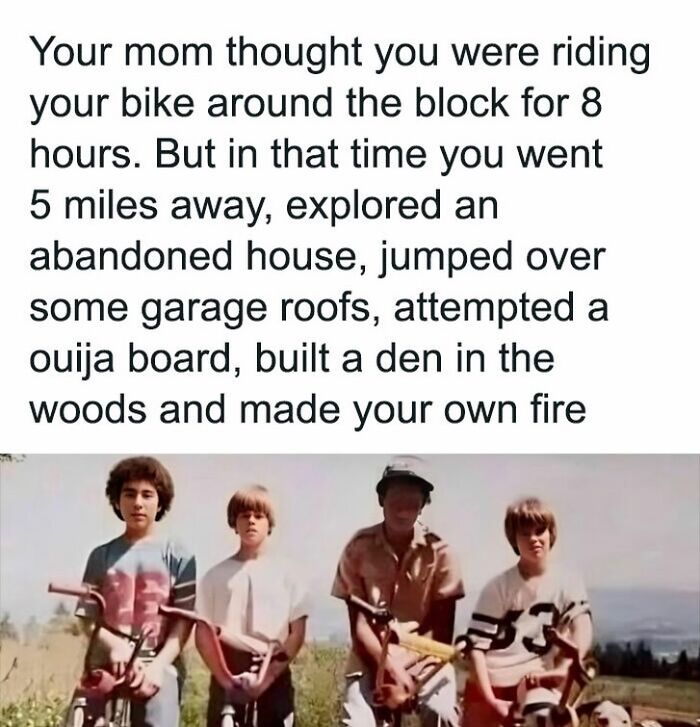 Four boys on bikes, representing Gen X childhood memories of adventurous unsupervised play.