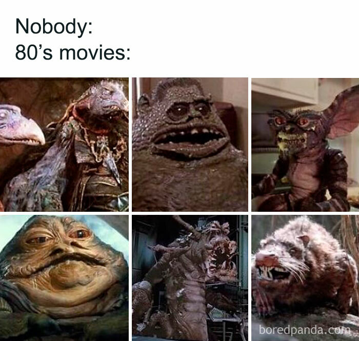Six images of creatures from 80s movies, a vivid Gen X memory of classic film monsters.