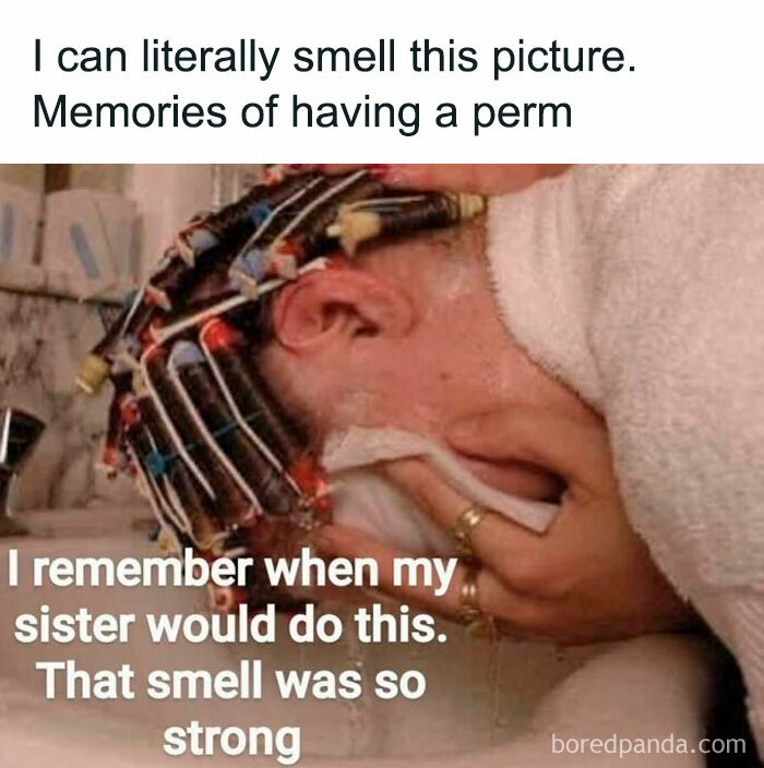 A Gen X meme showing someone getting a perm, evoking forgotten memories of the strong smell.