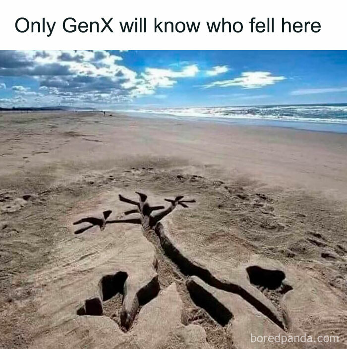 A Gen X meme of a Wile E. Coyote sand imprint on a beach, a memory only Gen X will recall.