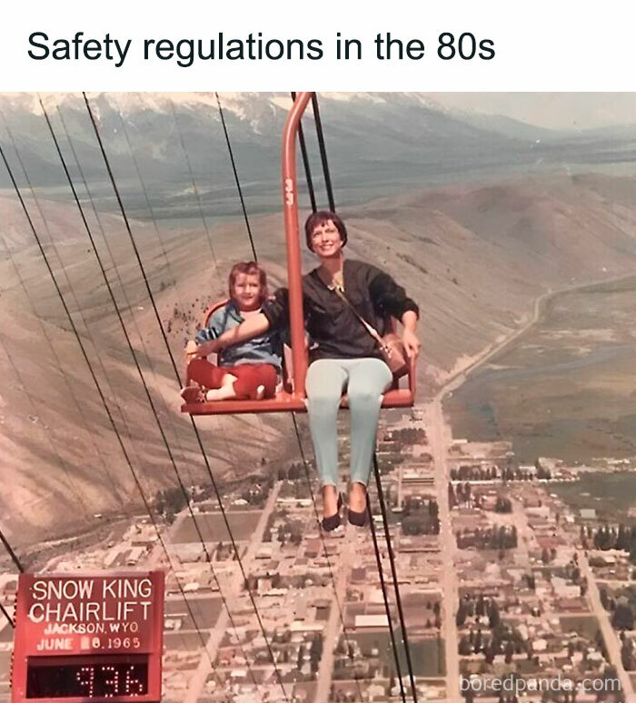 A Gen X meme showing a mother and child on an old ski chairlift with no safety bar, above a town.