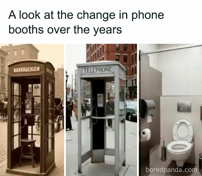 A Gen X meme showing the evolution of phone booths, ending with a toilet in a stall, suggesting modern privacy.